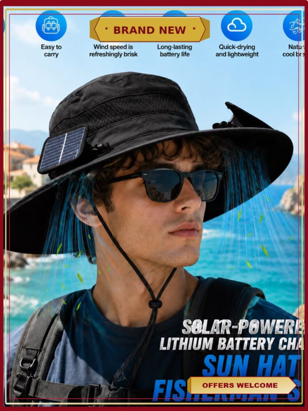 Unisex black bucket sun hat with 2 detachable misting fans